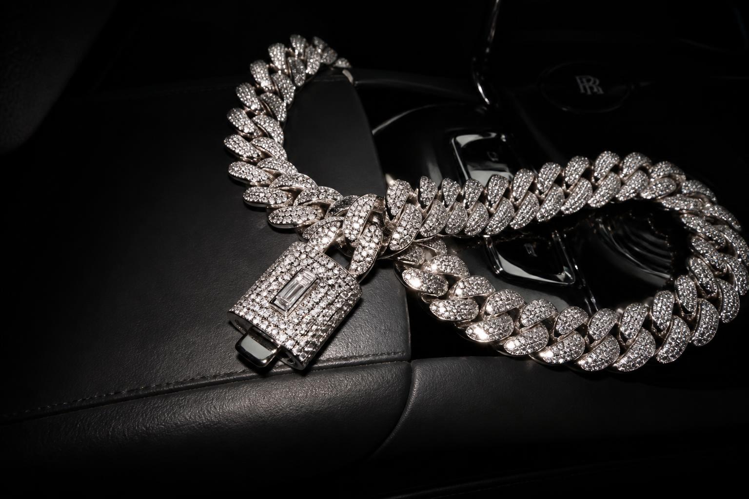 A heavy iced diamond Cuban chain laid across black leather inside a luxury car